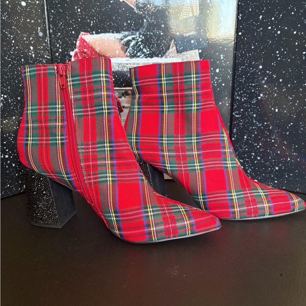Betsey Johnson Red Plaid Ankle Boots with Glitter Heel